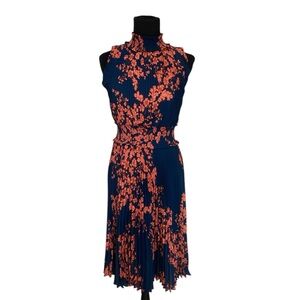 Mock neck Floral Sleeveless smocked waist Dress - Navy and Coral